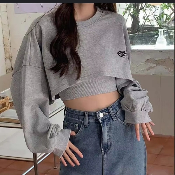 Unknown Tops - Gray Cropped Oversize Sweat Shirt & Tank Top Set size M-L